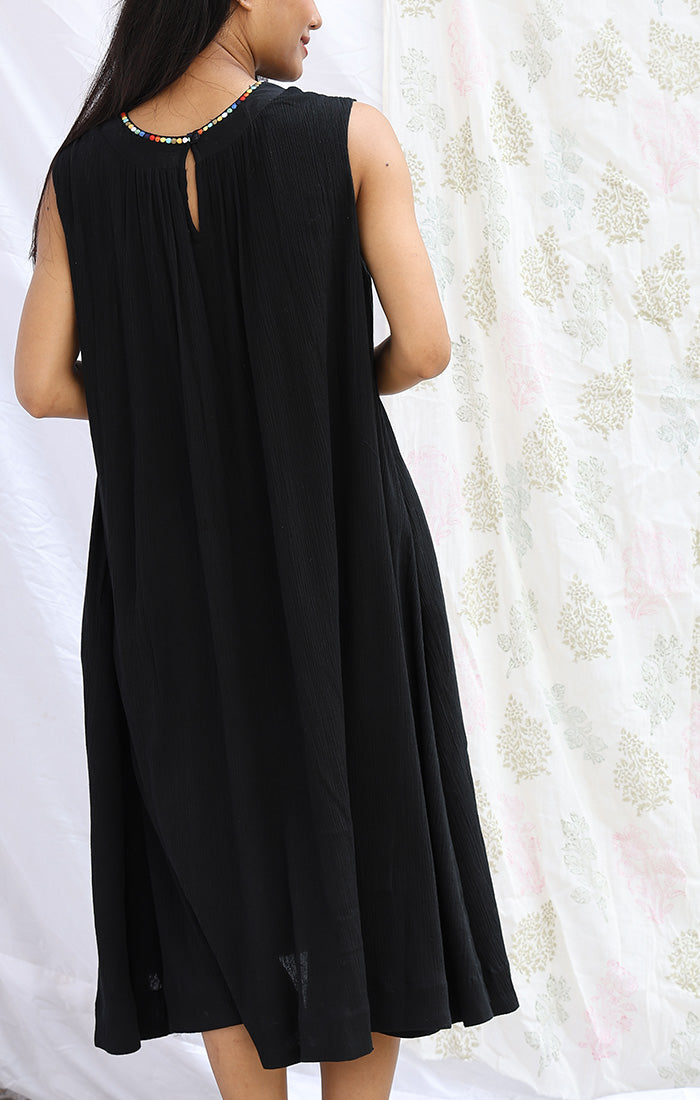 Black Crinkle Dress with Neck Embroidery