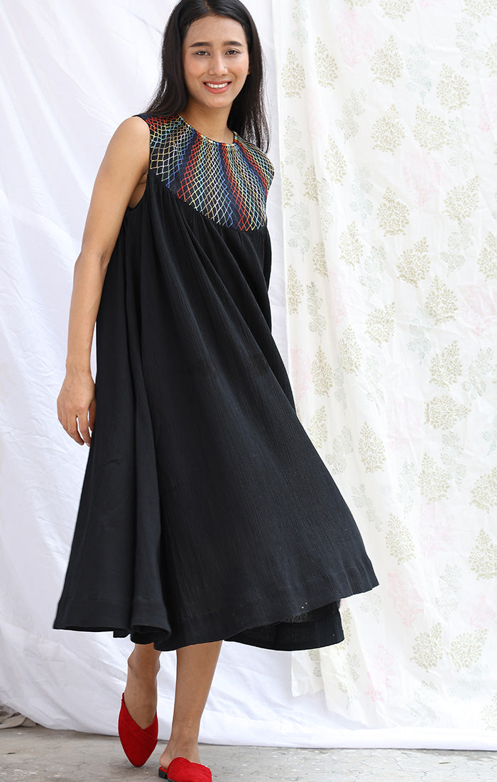 Black Crinkle Dress with Neck Embroidery