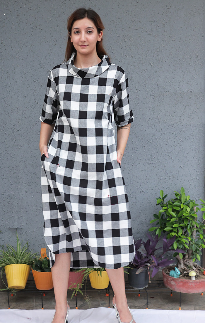 Cowl Neck Dress - Black & White Checks