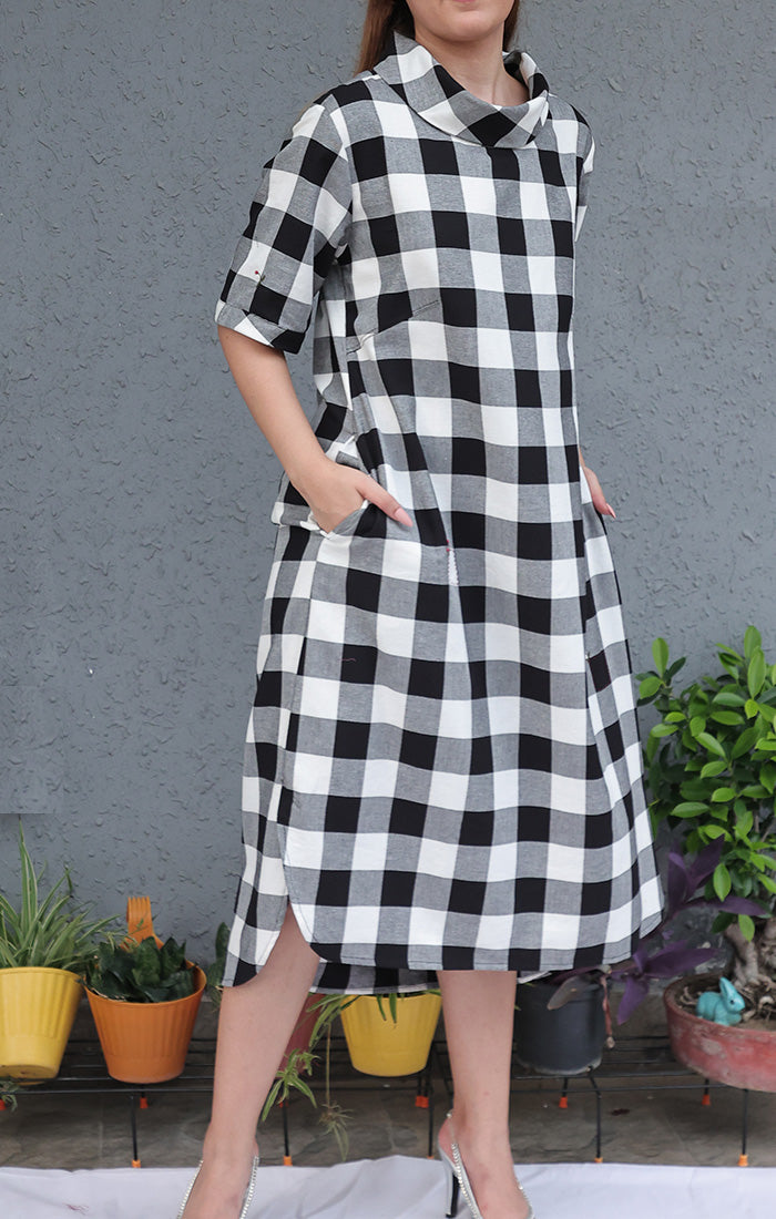 Cowl Neck Dress - Black & White Checks
