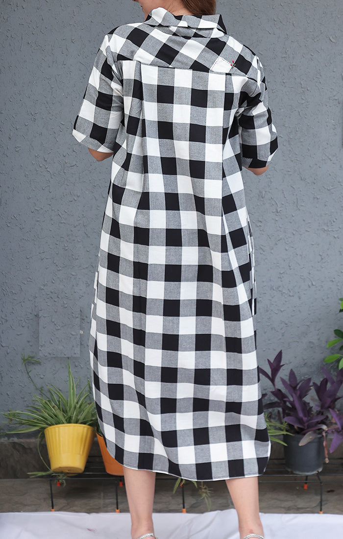 Cowl Neck Dress - Black & White Checks