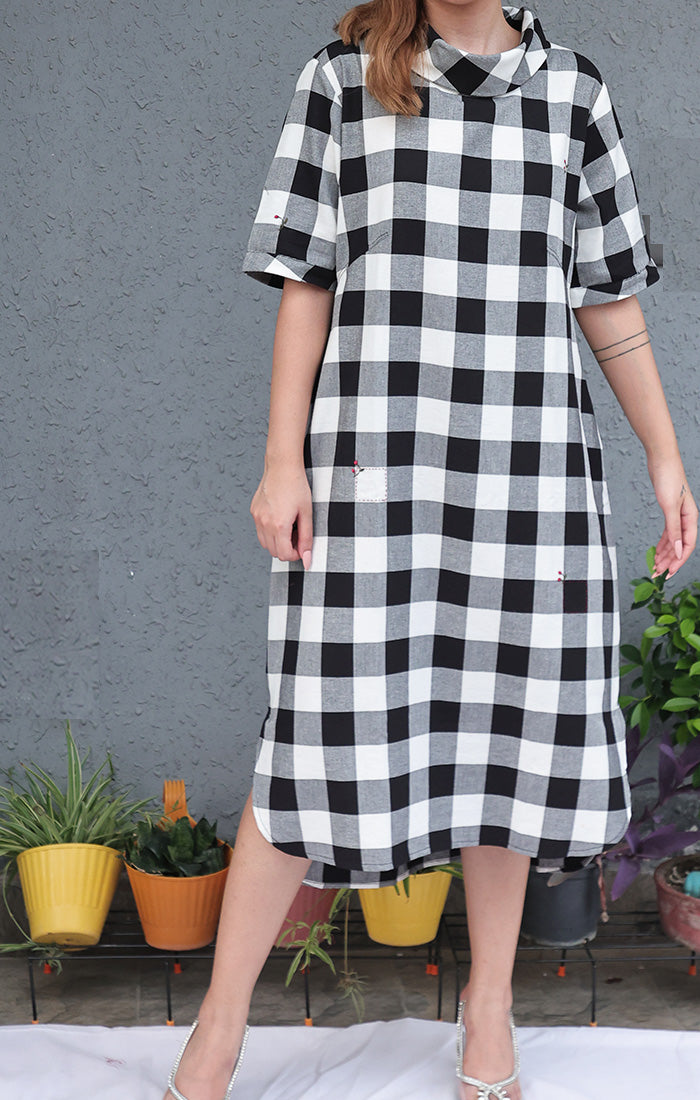 Cowl Neck Dress - Black & White Checks