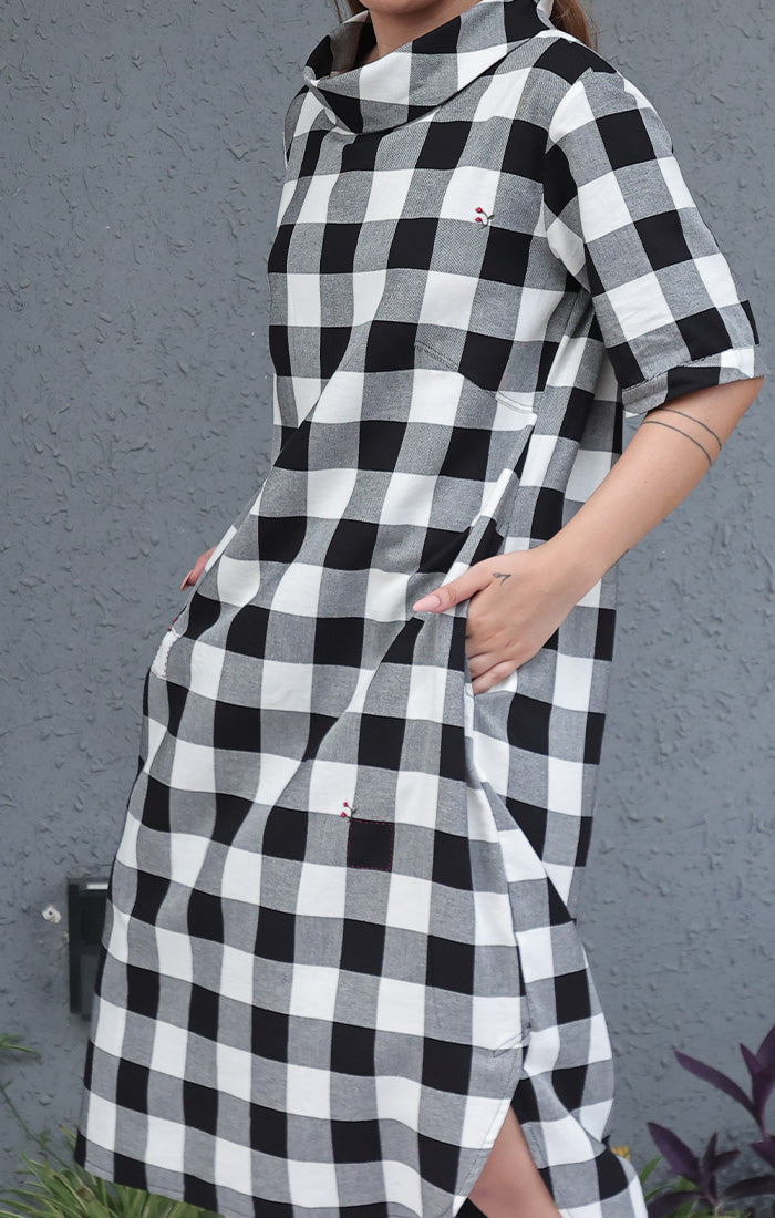 Cowl Neck Dress - Black & White Checks