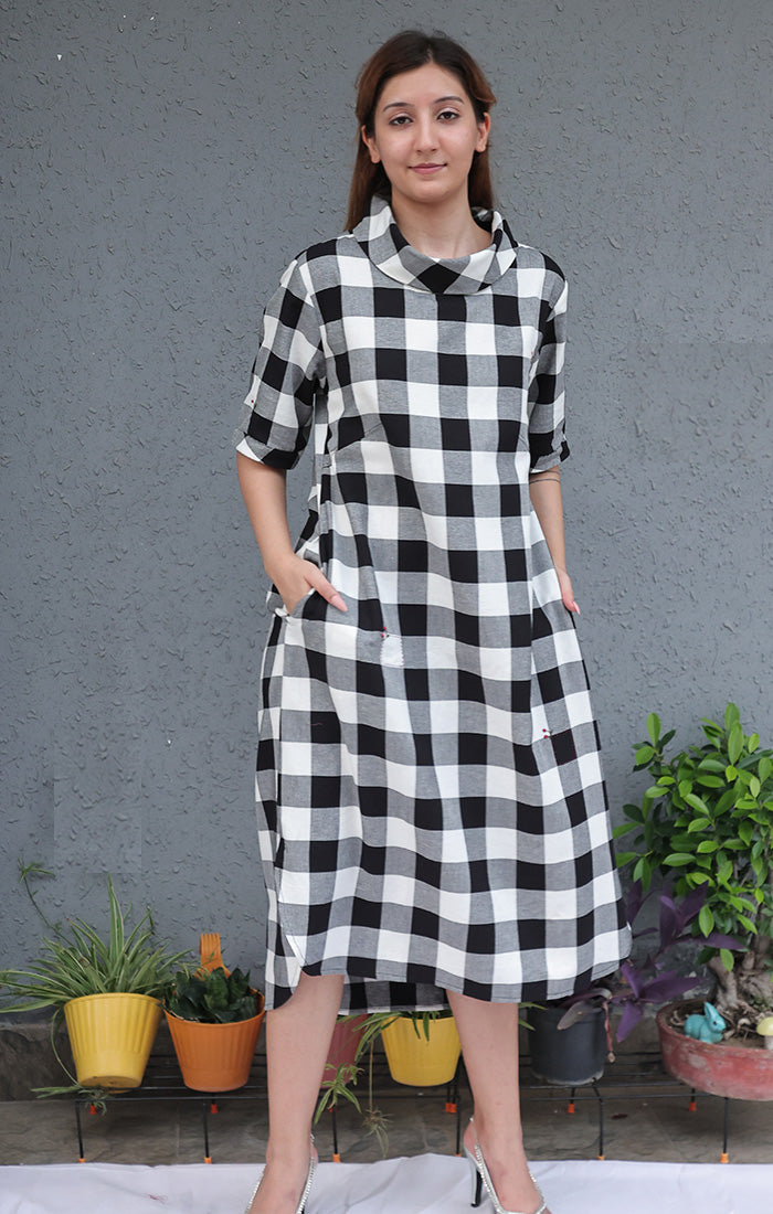 Cowl Neck Dress - Black & White Checks