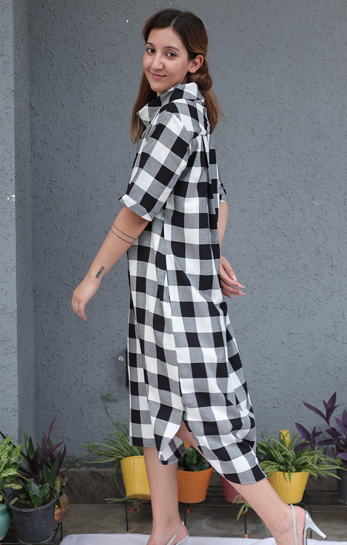 Cowl Neck Dress - Black & White Checks