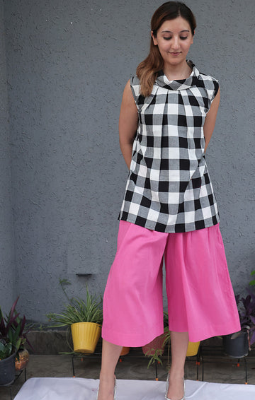 Cowl Neck Sleeveless Top - Black and white checks