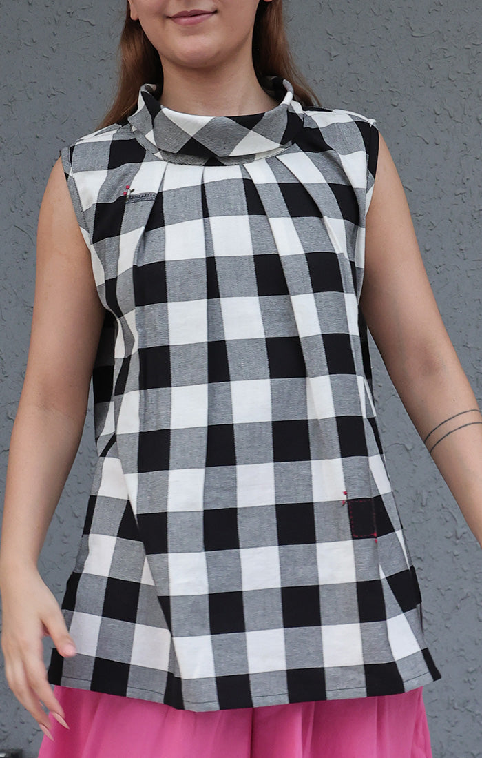Cowl Neck Sleeveless Top - Black and white checks