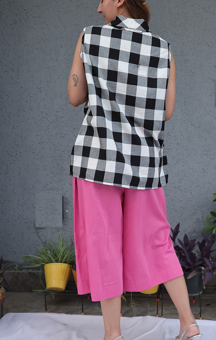 Cowl Neck Sleeveless Top - Black and white checks