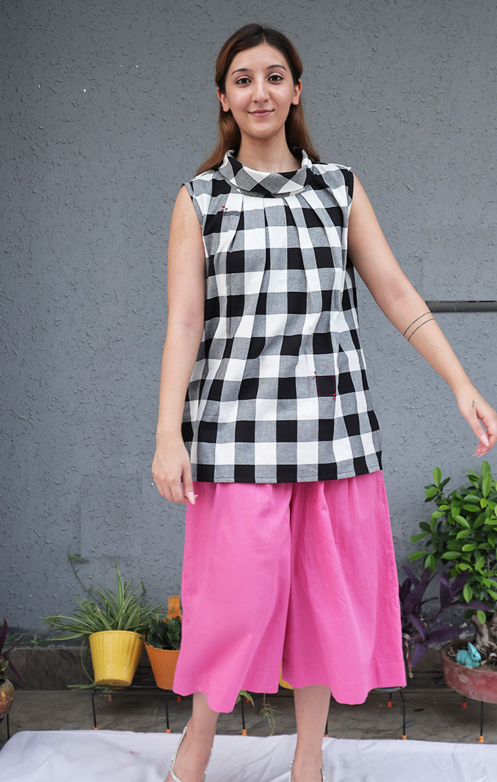 Cowl Neck Sleeveless Top - Black and white checks