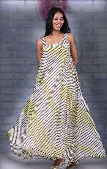 Chanderi Dress with Stripe Handblock prints