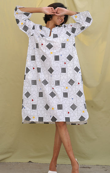 Handblock Geometric Print Shift Dress