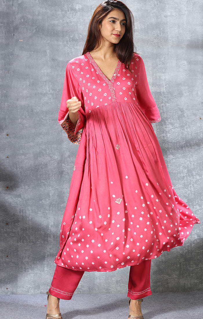 SALE - Modal Satin Kurta with mirror work and Bandej with Pants and Dupatta - Fiery Rose