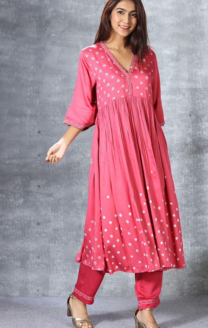 SALE - Modal Satin Kurta with mirror work and Bandej with Pants and Dupatta - Fiery Rose