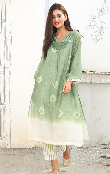 Chanderi Kurta with Arashi Shibori in mint Green with Pants