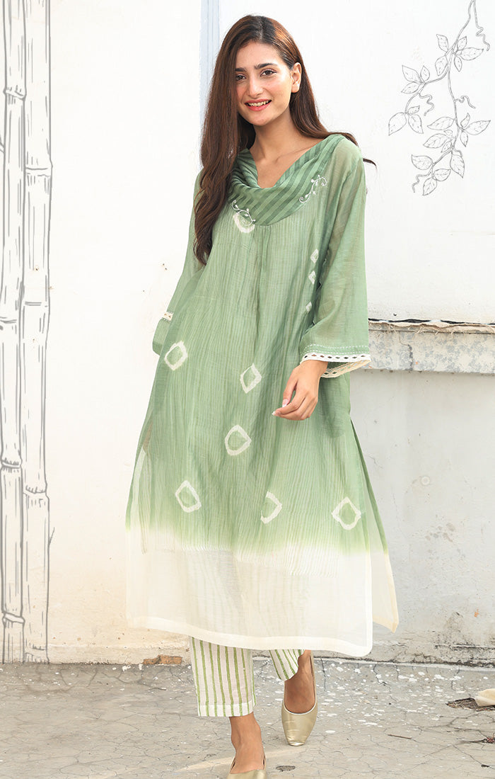 Chanderi Kurta with Arashi Shibori in mint Green with Pants