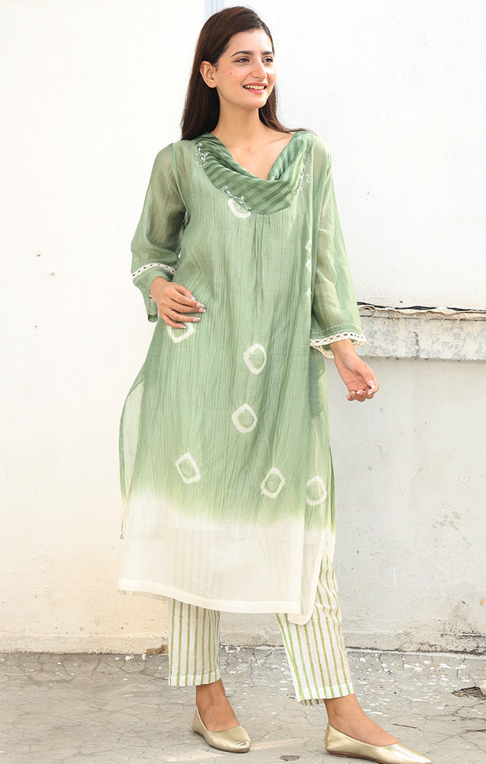 Chanderi Kurta with Arashi Shibori in mint Green with Pants