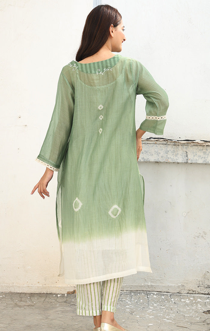 Chanderi Kurta with Arashi Shibori in mint Green with Pants