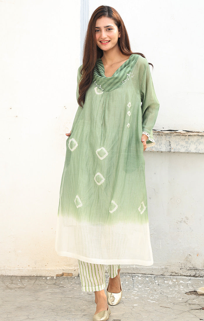 Chanderi Kurta with Arashi Shibori in mint Green with Pants
