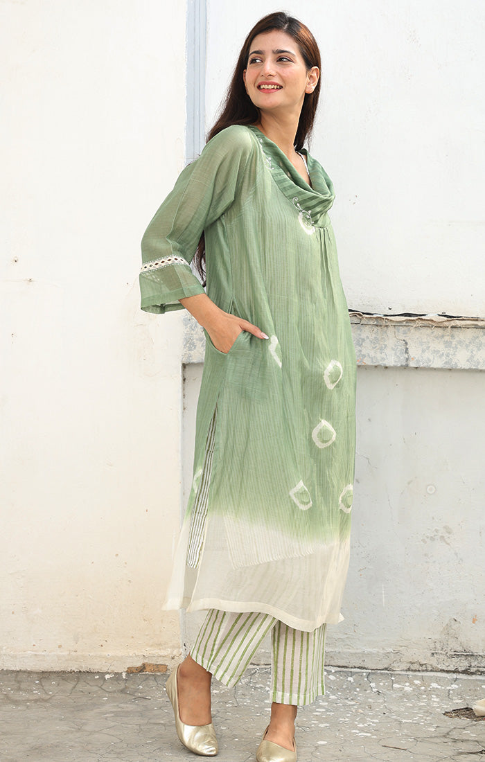 Chanderi Kurta with Arashi Shibori in mint Green with Pants