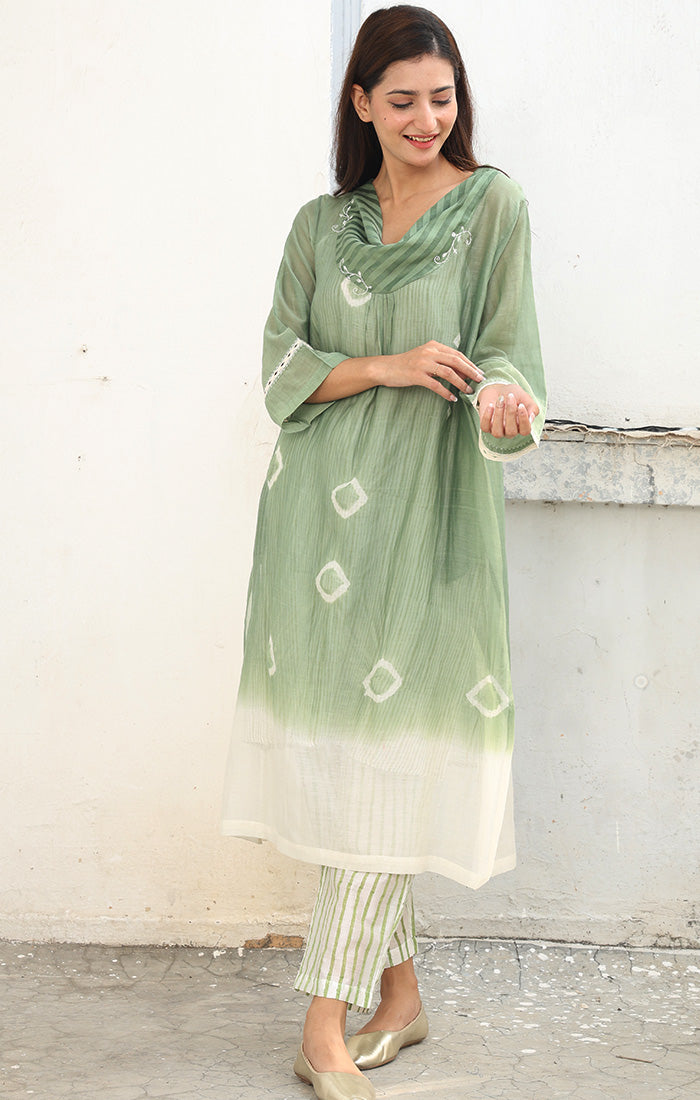 Chanderi Kurta with Arashi Shibori in mint Green with Pants