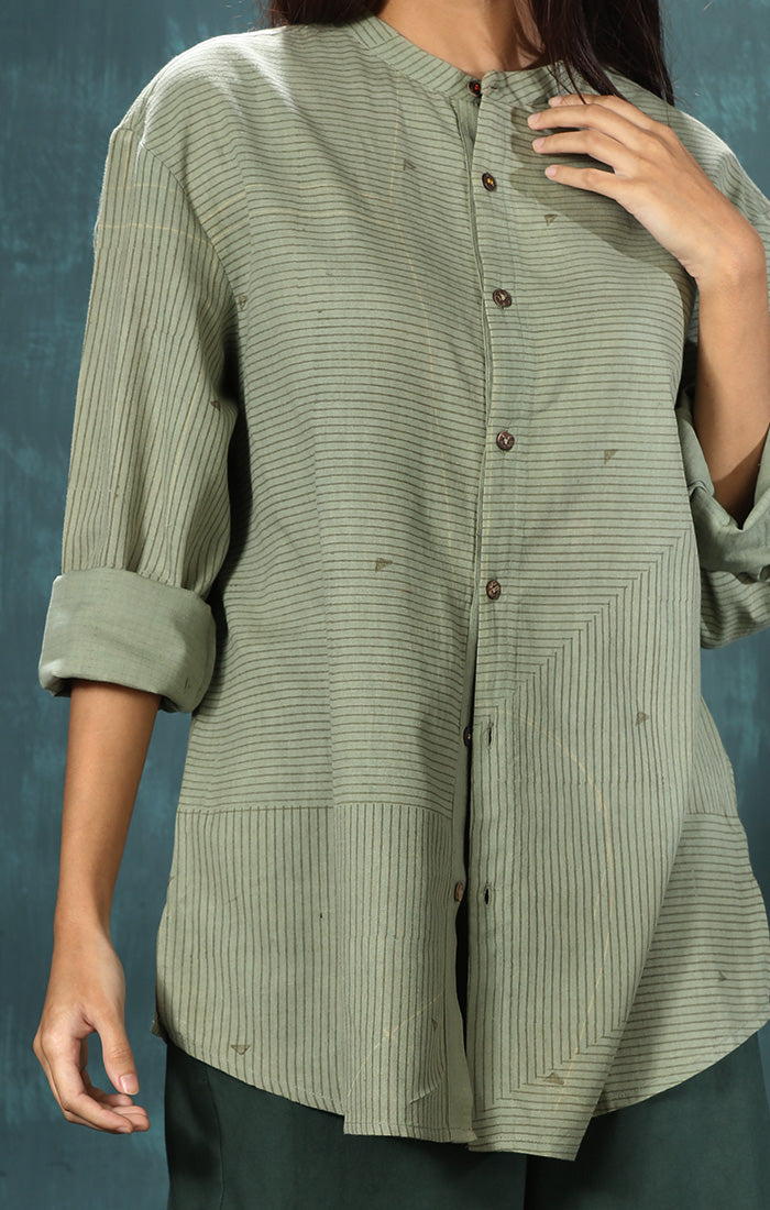 Pin Stripe Hand Blockprinted Shirt - Jade Green
