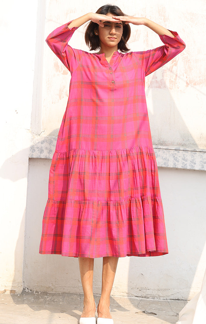 Dress in Handwoven Cotton in Persian Pink with Checks