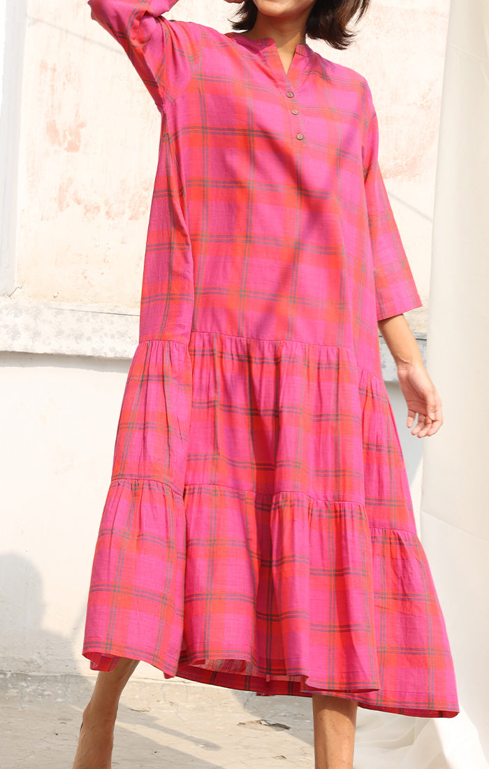 Dress in Handwoven Cotton in Persian Pink with Checks