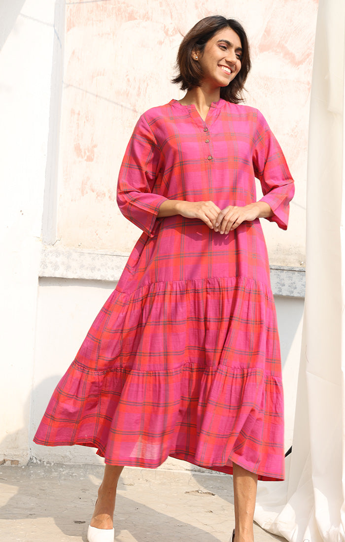 Dress in Handwoven Cotton in Persian Pink with Checks