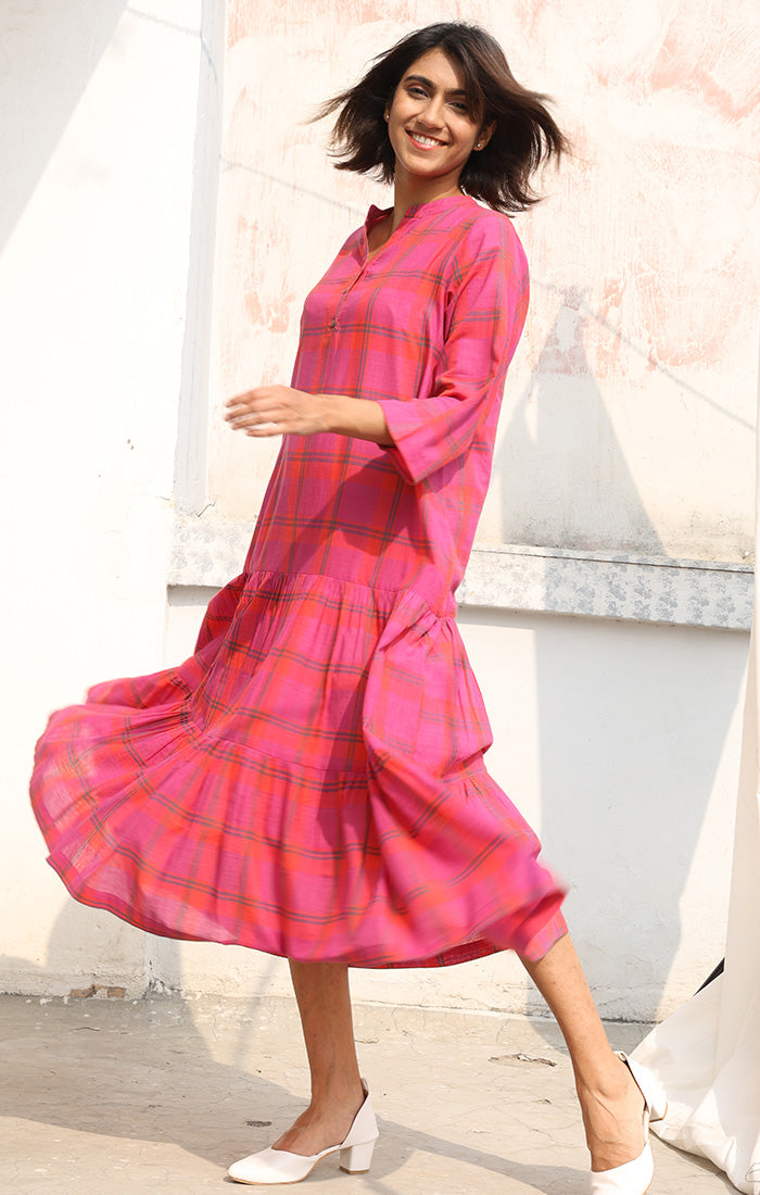 Dress in Handwoven Cotton in Persian Pink with Checks