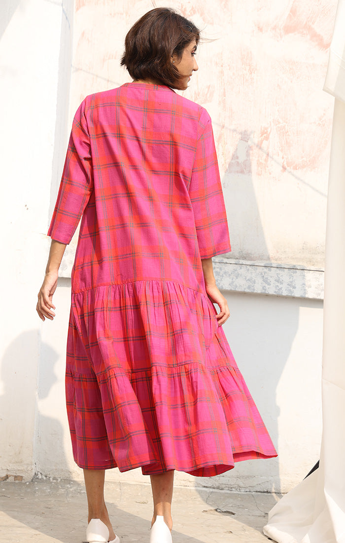 Dress in Handwoven Cotton in Persian Pink with Checks