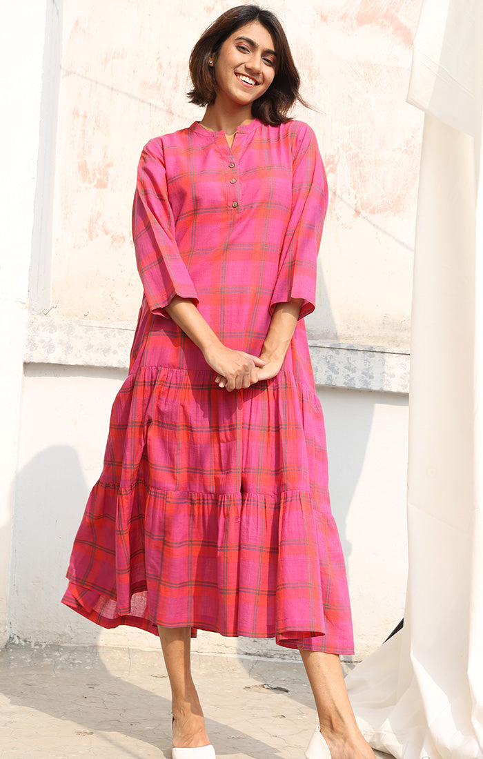 Dress in Handwoven Cotton in Persian Pink with Checks