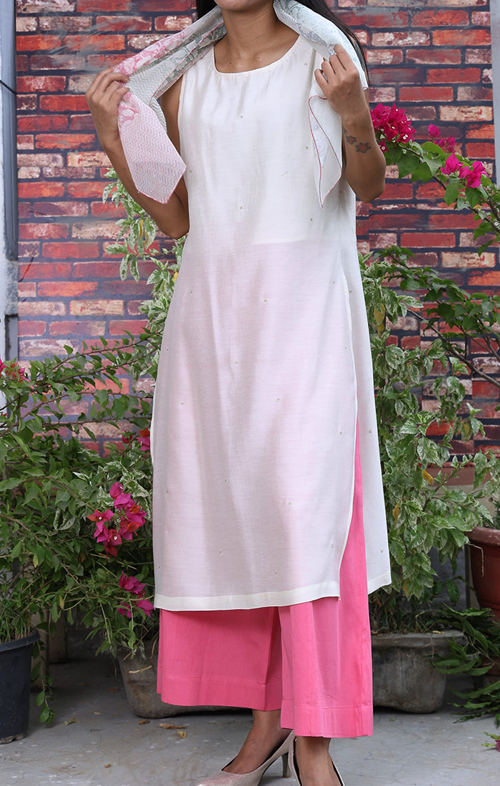 Ivory Modal Satin Tunic with Carnation Pink Organic Cotton Culottes and chanderi stole