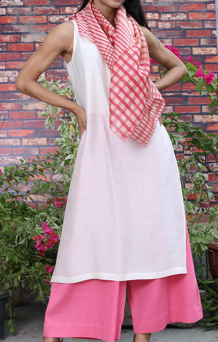 Ivory Modal Satin Tunic with Carnation Pink Organic Cotton Culottes and chanderi stole