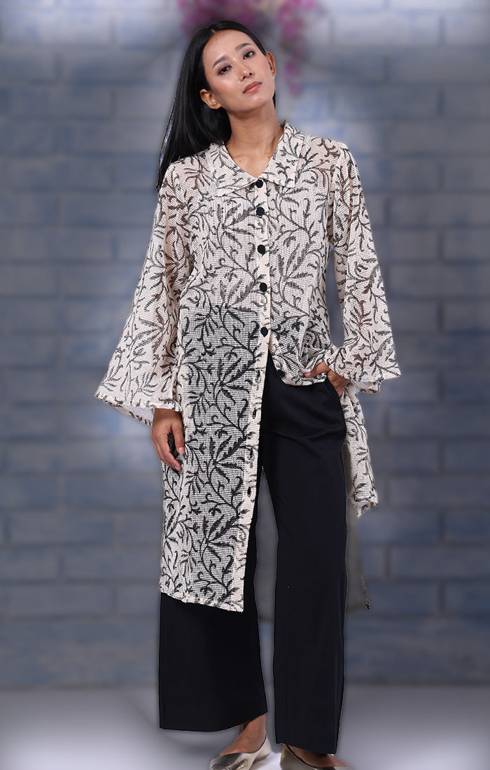 Charcoal Handblock Printed Schiffli Tunic
