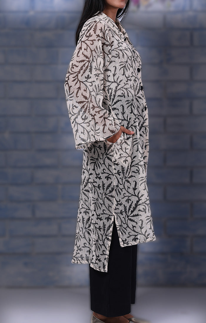 Charcoal Handblock Printed Schiffli Tunic