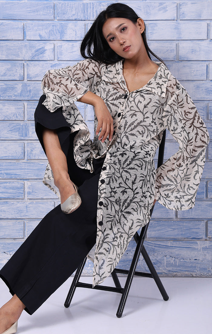 Charcoal Handblock Printed Schiffli Tunic