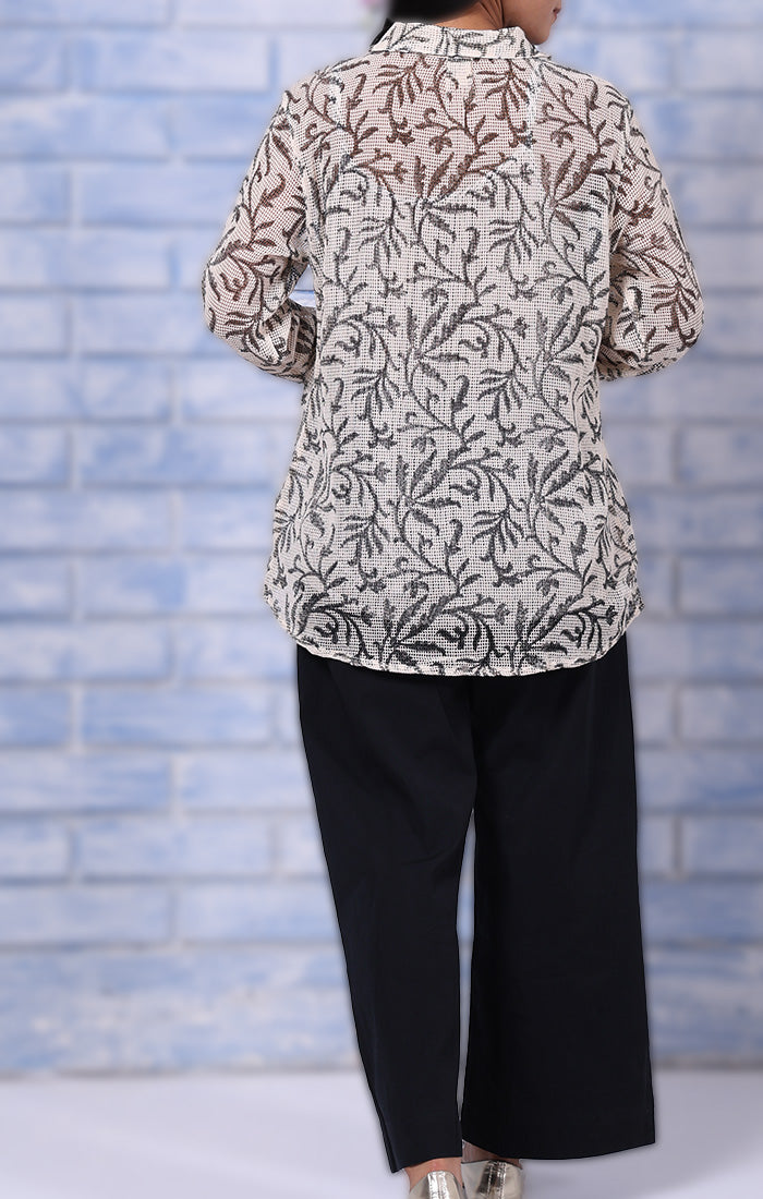 Charcoal Handblock Printed Schiffli Shirt