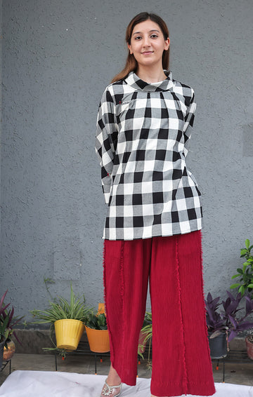 Cowl Neck Top - Black and white checks