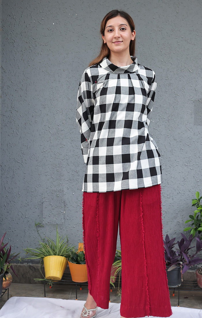 Cowl Neck Top - Black and white checks