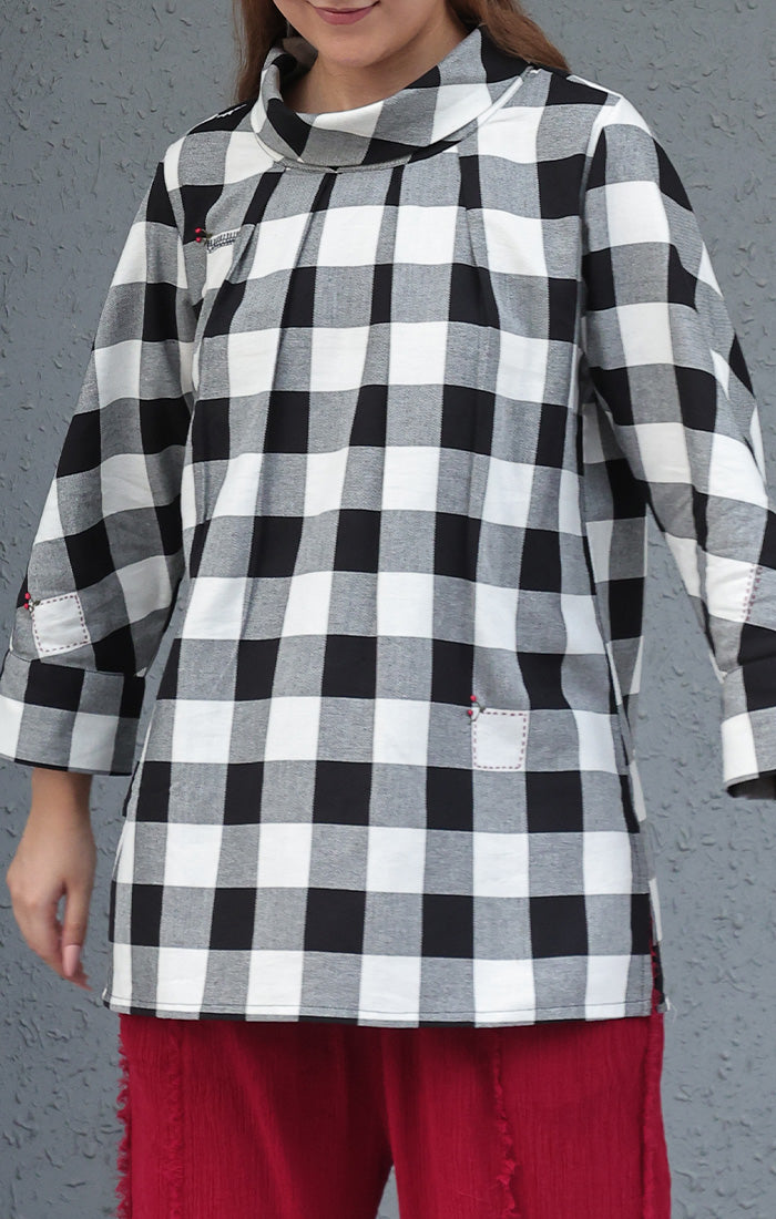 Cowl Neck Top - Black and white checks