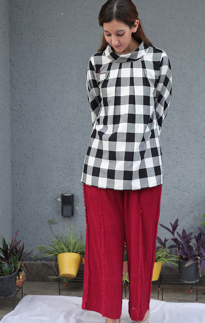 Cowl Neck Top - Black and white checks