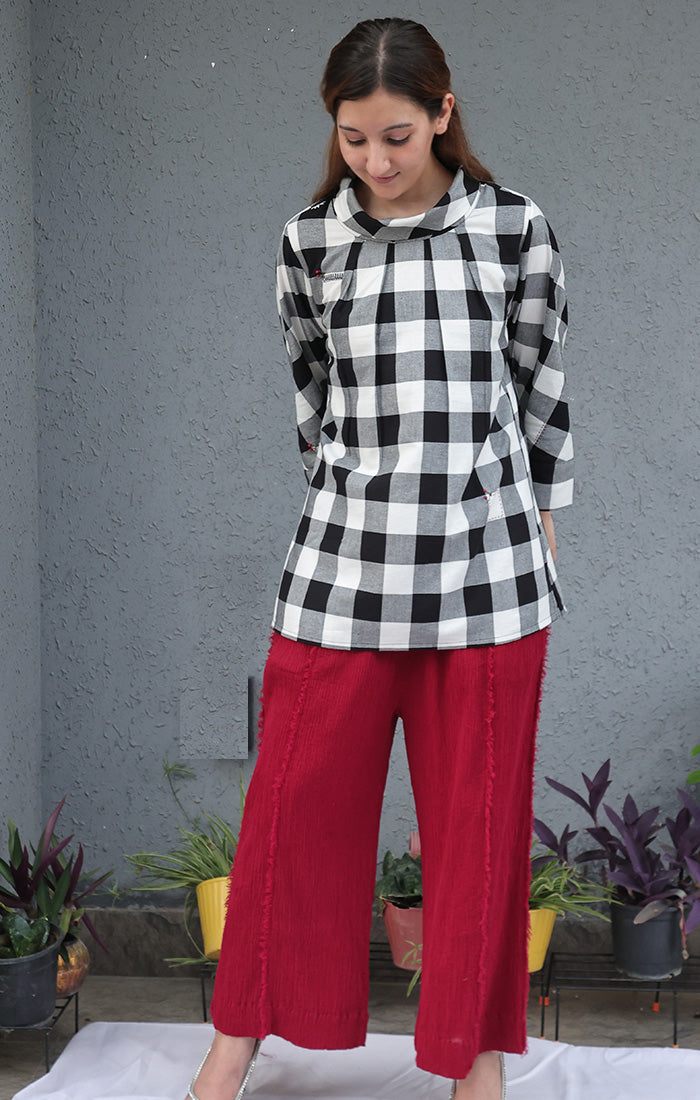 Cowl Neck Top - Black and white checks