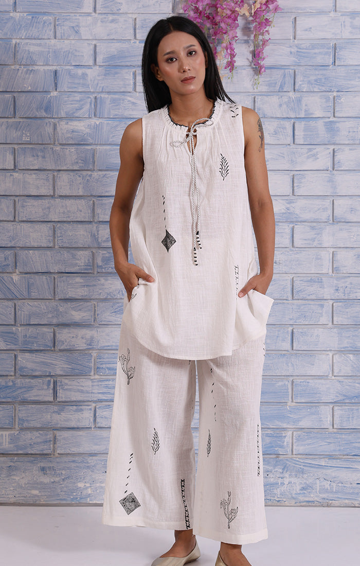 Abstract Handblock Printed Top in Soft Pearl