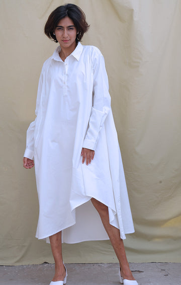 Organic Cotton White Asymmetrical Shirt Dress