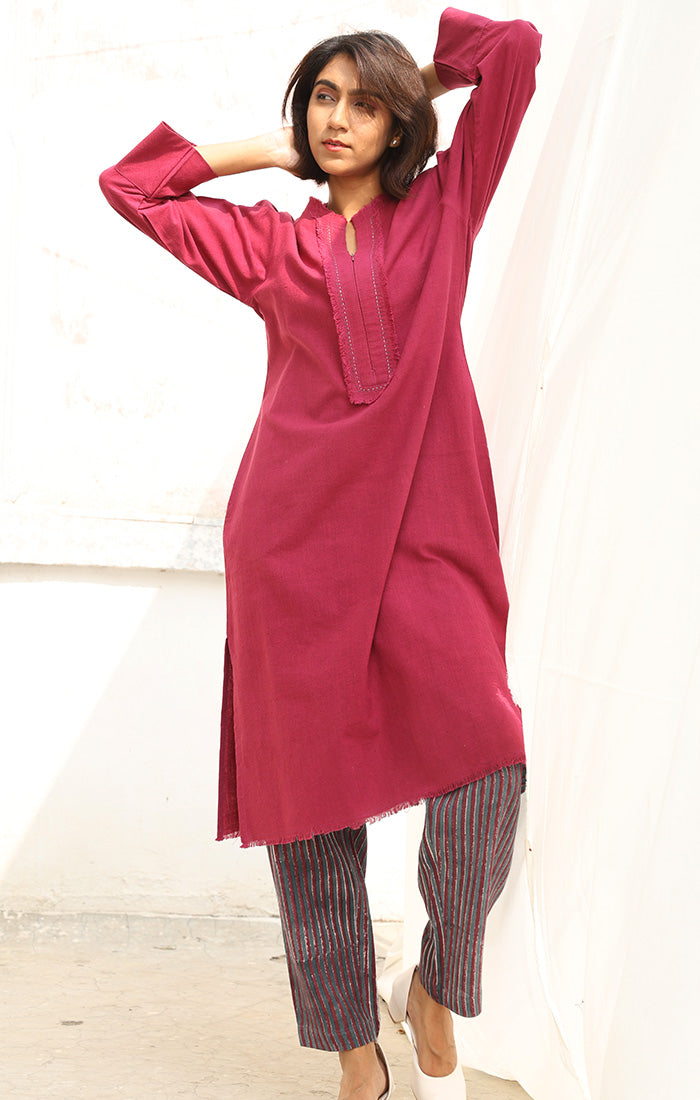 Handspun Handwoven Cotton Kurta in a Rich Plum Shade with Pants