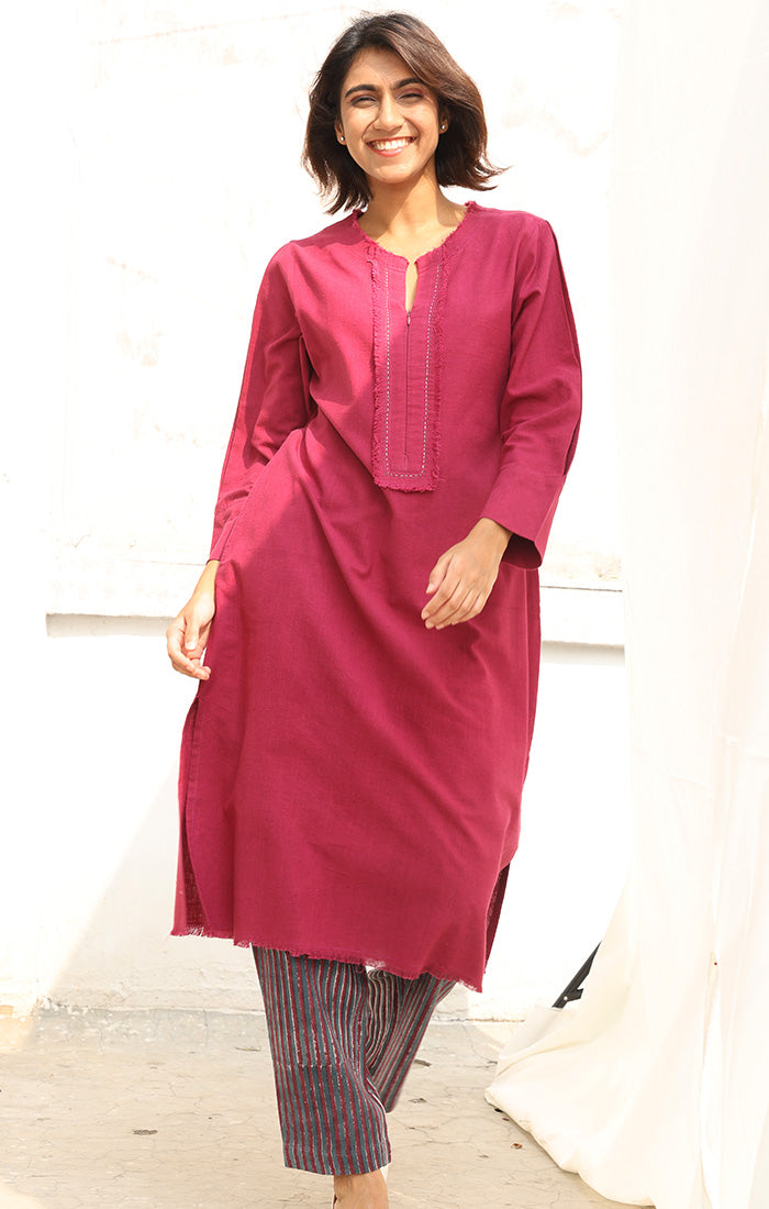 Handspun Handwoven Cotton Kurta in a Rich Plum Shade with Pants