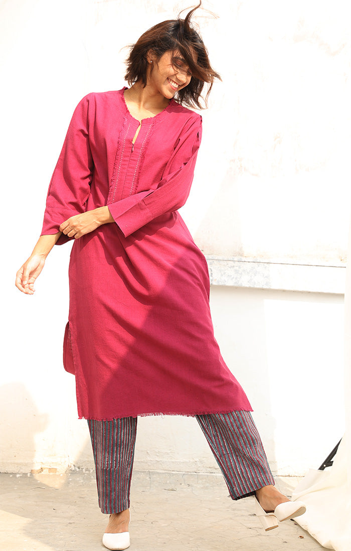 Handspun Handwoven Cotton Kurta in a Rich Plum Shade with Pants