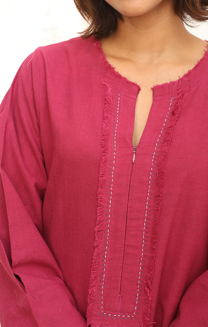 Handspun Handwoven Cotton Kurta in a Rich Plum Shade with Pants