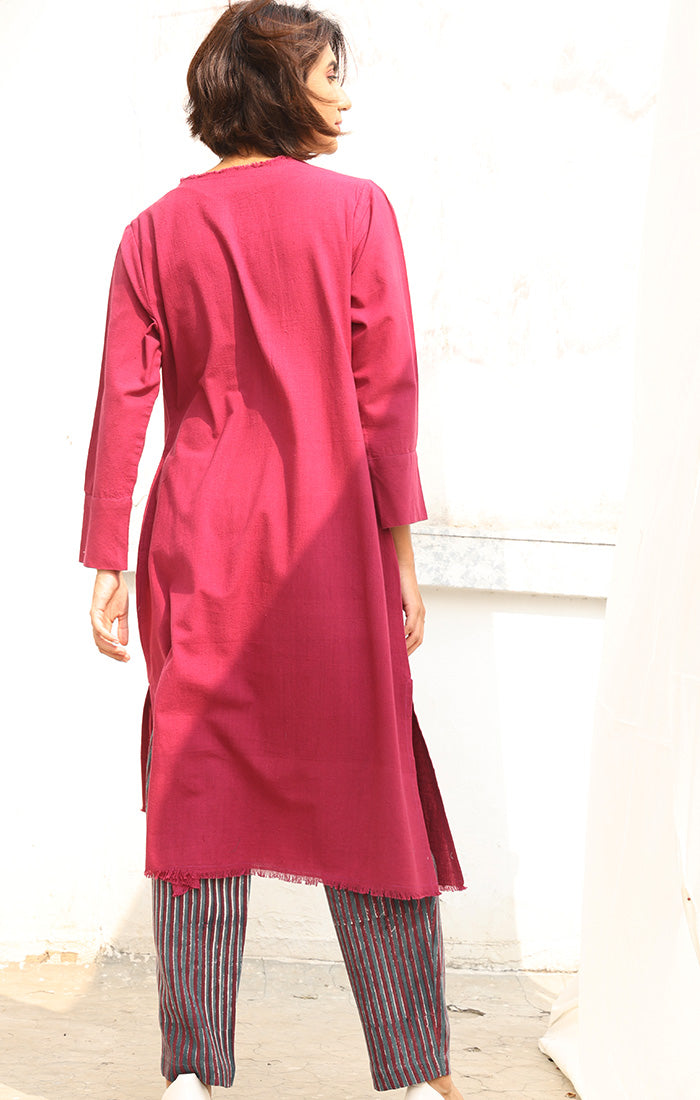 Handspun Handwoven Cotton Kurta in a Rich Plum Shade with Pants