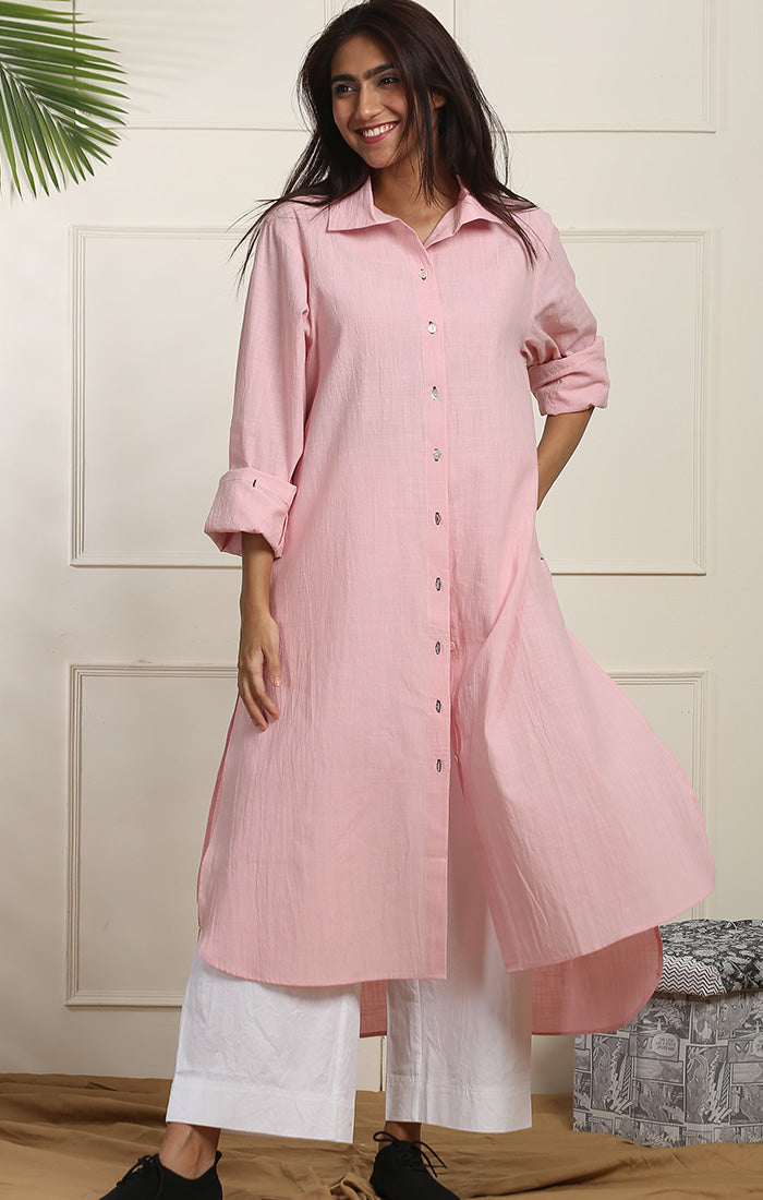 Cotton Linen Shirt Dress - Cherry Blossom Pink or White with White or Black Pants